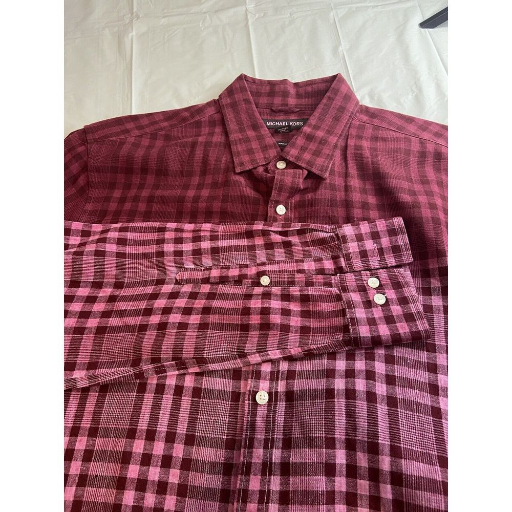 Men's Michael Kors Ombre Red/ Pink Plaid -Slim Fit- Linen Blend Shirt- Size‎ L